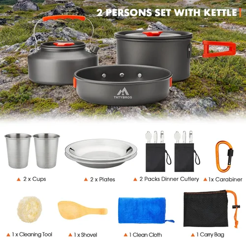 Vista 5 de THTYBROS 17pcs Camping Cookware Kit, 0.45Gal Pot, 7inches Pan,0.30Gal Kettle Set with 2 Set Stainless Steel Cups Plates Forks Knives Spoons for