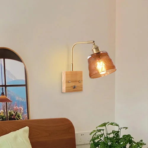 Vista 2 de LED Wall Sconce Nordic Modern Brass Bedside Retro Industry Hammered Glass Lamp Shade Green Hallway Lighting Mid Century Wood Mount Light Home Decor