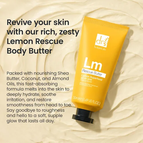 Vista 4 de Dr Botanicals Lemon Rescue - Mantequilla corporal con karité - Hidratante de calidad de spa - Piel seca - Pies - Codos - Rodillas - Aceite