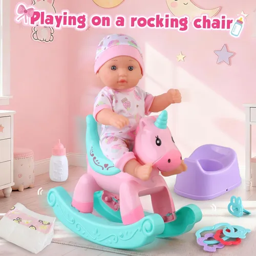 Vista 5 de Juego de juguetes de baño para muñecas con bañera, muñecas de bebé de 11 pulgadas, mecedora, anillo de natación, 2 juegos de ropa de muñecas y 15