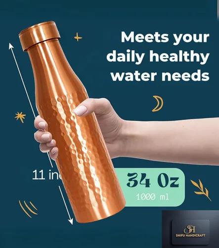 Vista 3 de Botella de agua de cobre de 34 onzas, botella de agua grande de cobre para beber, recipiente multicolor ayurvédico 100% puro para botella de tapa a