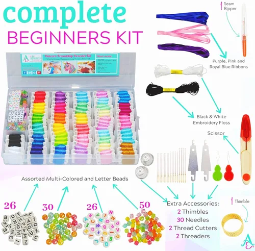 Vista 2 de Athena's Elements Kit de bordado de 276 piezas, kits de punto de cruz, kit de cuerda de pulsera de amistad con caja organizadora, incluye 100 hilos