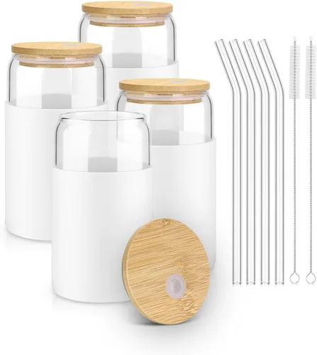 Vista 16 de sungwoo 10 vasos de vidrio con tapas y pajitas de bambú, taza de café helado de 16 onzas, juego de tazas para beber con tapas de madera, vasos