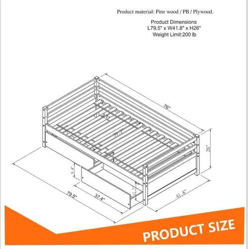 Vista 16 de Marco de sofá cama de madera de tamaño individual con 2 cajones de almacenamiento, sofá cama multifuncional con soporte de listones de madera