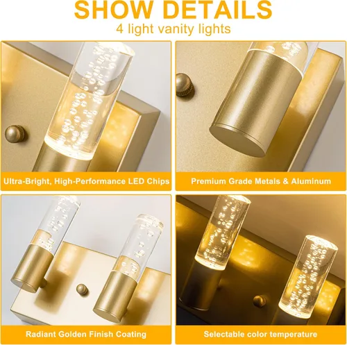 Vista 7 de Lámparas de tocador de baño sobre espejo con acabado dorado cepillado, 4 luces de tocador, apliques de pared para baño