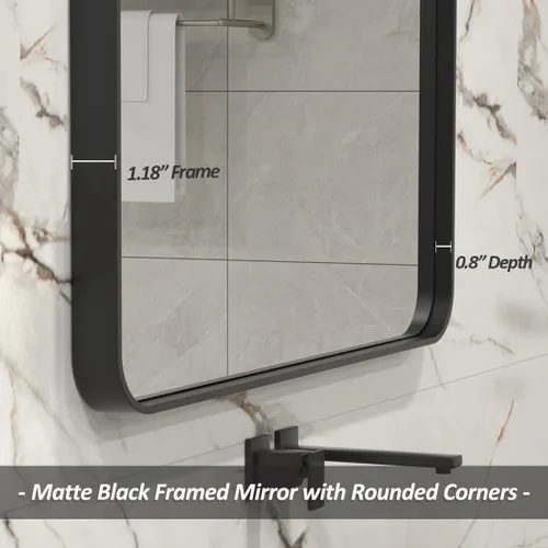 Vista 4 de ODDSAN Espejo de baño con marco negro mate de 40 x 32 pulgadas, modernos espejos rectangulares de metal para pared de tocador, esquinas redondeadas