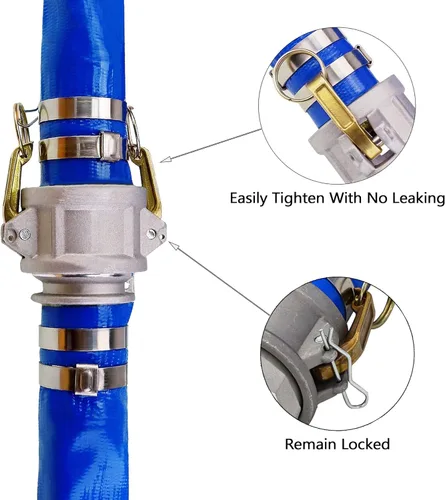 Vista 4 de Manguera de descarga plana de PVC de 2 pulgadas de diámetro interior x 25 pies con conexiones Camlock C y E de aluminio, mangueras de bomba