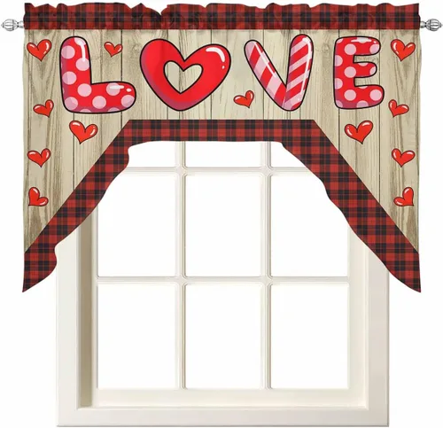 Vista 22 de BEMIGO Cortinas de cocina lindas de gnomos de San Valentín para pareja, juego de cortinas y cenefa para ventana de cocina, cenefa de bolsillo