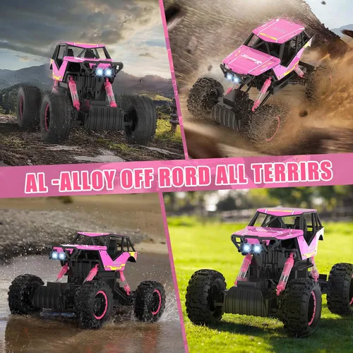 Vista 5 de DOUBLE E 1:12 Camión monstruo de control remoto RC - Auto de control remoto 4x4 todoterreno con motores duales y faros Rosa