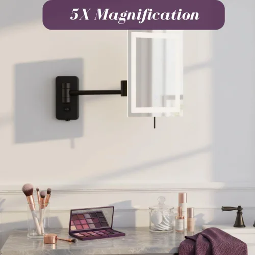 Vista 5 de JERDON Espejo de maquillaje rectangular para montaje en pared, espejo de maquillaje negro con aumento 5X y luces LED, cable directo