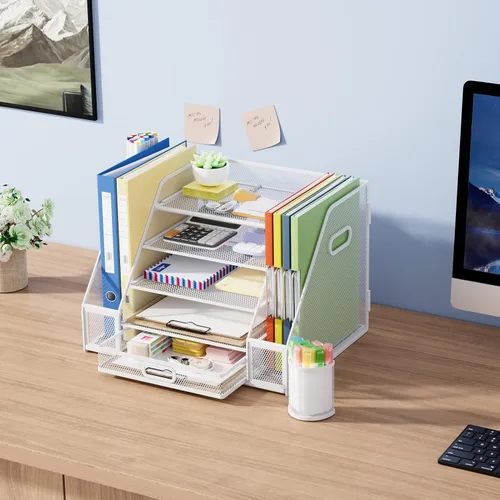 Vista 3 de Marbrasse Desk Organizers with File Holder, 5-Tier Paper Letter Tray Organizer with Handle, Mesh Desk Organizers and Accessories with Drawer and 2