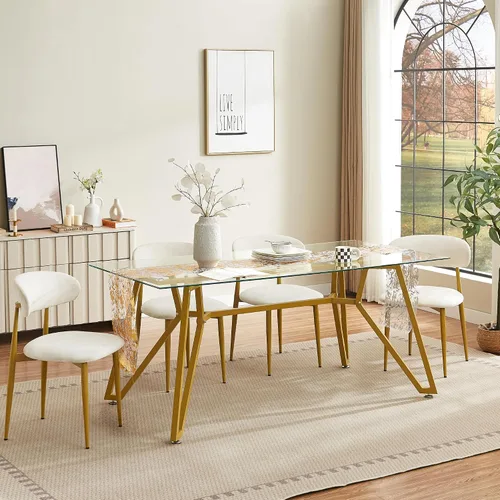 Vista 31 de Mesa de comedor de cristal de 51 pulgadas para 4, mesa de comedor rectangular contemporánea con parte superior de vidrio templado y patas de acero