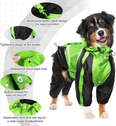 Vista 2 de Chubasquero para perros, chaqueta ligera de lluvia, poncho ajustable de 4 patas para mascotas con capucha, chaleco impermeable a la nieve, ropa
