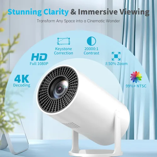 Vista 2 de Mini proyector portátil compatible con 4K, proyector pequeño Full HD 1080P con soporte giratorio de 270°, proyector de película compatible con TV