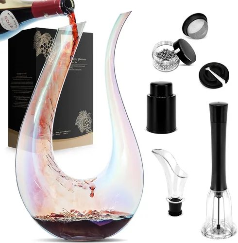 Juego de decantador de vino, jarra iridiscente de vino tinto de 40.6 fl oz con abrebotellas, tapón, cuentas de limpieza y vertido de vino, juego de