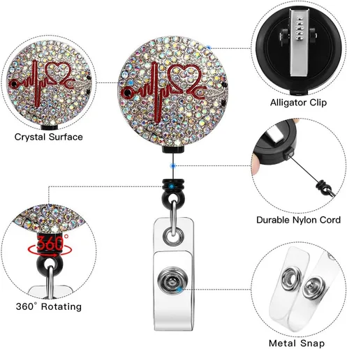 Vista 5 de Soleebee Carrete de insignia para enfermera, retráctil de 24 pulgadas con clip giratorio de cocodrilo, soporte para tarjetas de identificación