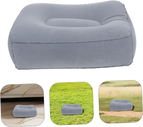Vista 8 de FAVOMOTO Taburete inflable de viaje para reposapiés de 2 piezas, almohada gris fácil de inflar