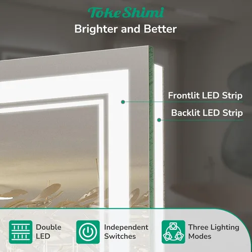 Vista 2 de TokeShimi Espejo de baño de 24 x 36 pulgadas con luces, control separado frontal y retroiluminado, espejo LED de tocador de baño antiniebla, 3