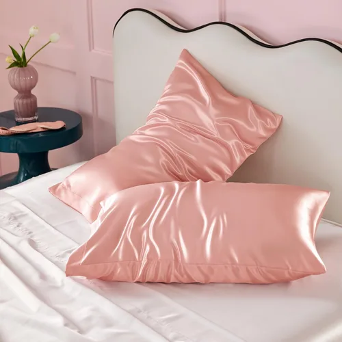 Vista 3 de Bedsure Funda de almohada de satén para cabello y piel Queen, funda de almohada sedosa rosa melocotón, paquete de 2 con cierre de sobre, similar a