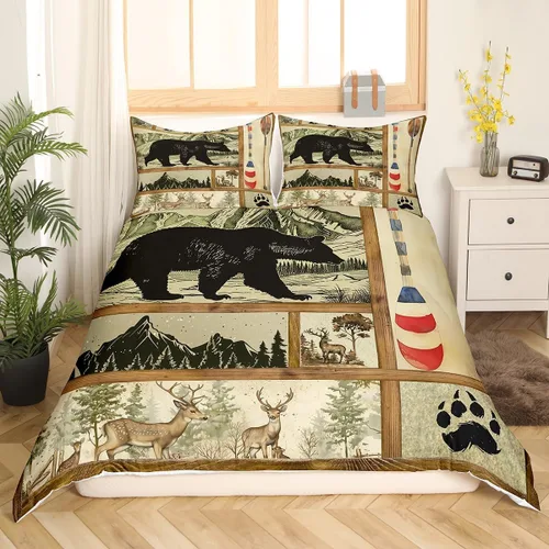 Vista 48 de Funda de edredón rústica tamaño Queen, juego de ropa de cama retro para cabaña de cabaña, oso de caza, ciervo, hojas de arce, funda de edredón