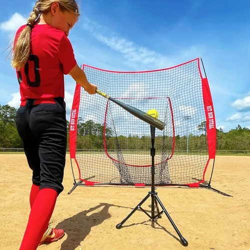 Vista 4 de Hit Run Steal Red de práctica de 7 x 7 para béisbol y sóftbol con funda de transporte, rojo - Entrenamiento portátil de ajuste rápido para golpear
