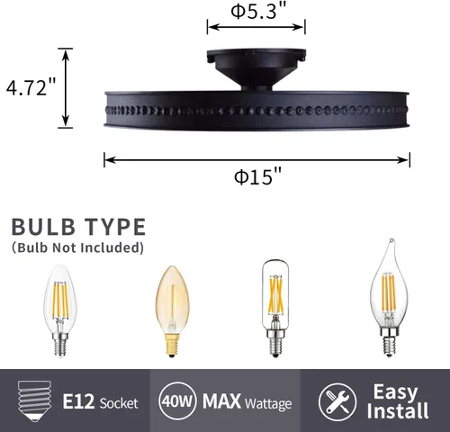 Vista 7 de Lámpara de techo redonda de 4 luces con montaje semiempotrado en negro, estilo rústico de metal granja para isla de cocina, comedor, pasillo