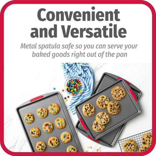 Vista 5 de GoodCook MegaGrip - Juego de 3 bandejas de acero antiadherente multiusos con asas de agarre de silicona, color gris