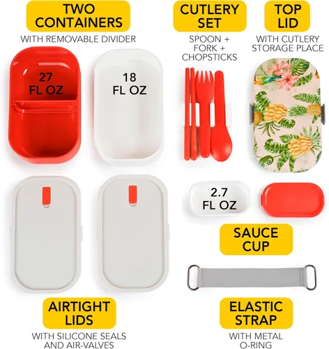 Vista 2 de Lonchera Bento apilable aislada para adultos con palillos reutilizables, lonchera japonesa apta para microondas y a prueba de fugas, para hombres