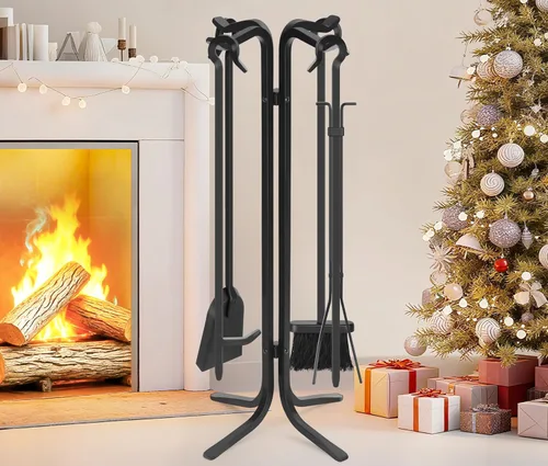 Vista 9 de FEED GARDEN Juego de 5 herramientas de hierro forjado a mano para chimenea de hierro forjado de 28 pulgadas, herramientas con soporte