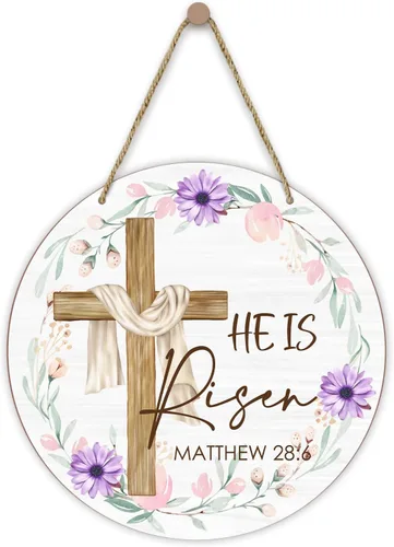 Placa de madera para colgar en la pared, regalo para Pascua cristiana, letrero redondo de madera con cordel, decoración de cruz floral, puerta,