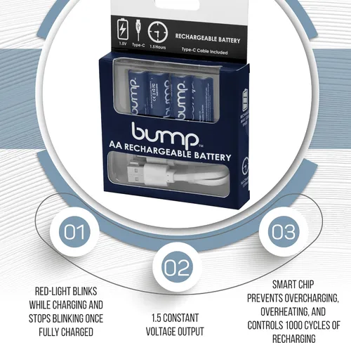 Vista 3 de bump Baterías recargables AA de 1.5 V Paquete de 4 iones de litio, alto rendimiento, carga USB-C rápida y duradera, uso con control remoto