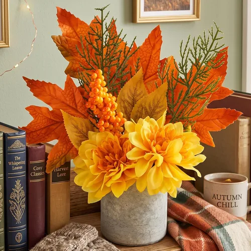 COCOBOO Flores artificiales de otoño, dalia de otoño, flores falsas con arce rojo para cosecha de Acción de Gracias, decoración del baño del hogar