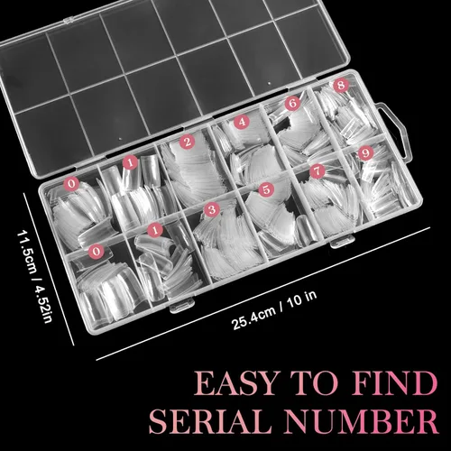 Vista 6 de Ranrose Puntas de uñas francesas transparentes, 500 uñas postizas medianas de media cubierta con caja, 10 tamaños de puntas de uñas para extensiones