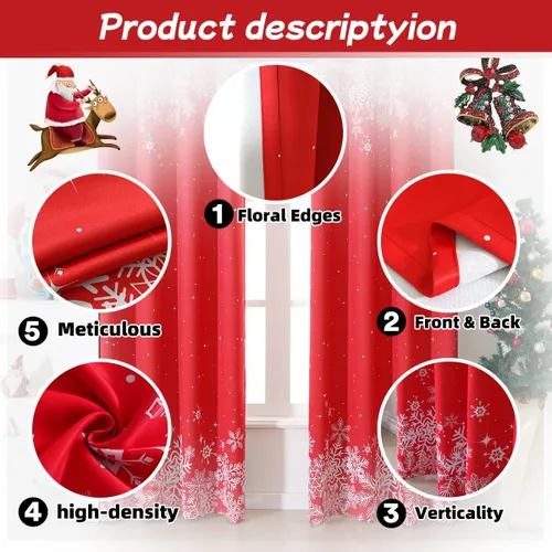 Vista 5 de Cortinas de Navidad Cortinas opacas de Navidad para sala de estar y dormitorio Cortinas de Navidad con diseño de copo de nieve rojo, 84 pulgadas