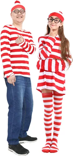 Vista 3 de KESEPLEI - Disfraz de Halloween para hombre y mujer, camiseta de cosplay a rayas rojas y blancas, gorro con gafas nerd