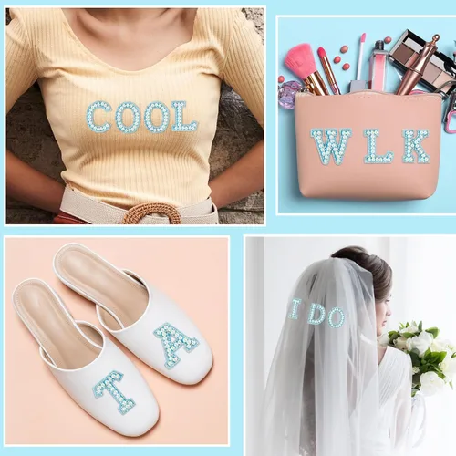 Vista 6 de Morcheiong 26 piezas de parches de letras con diamantes de imitación de perlas autoadhesivas A-Z, parches de letras de perlas para pegar en ropa