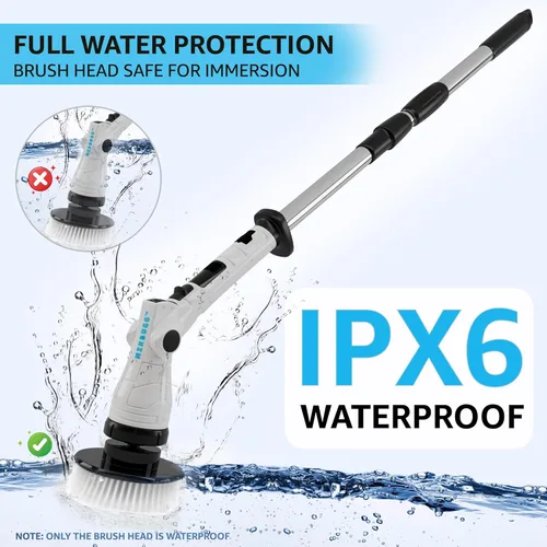 Vista 8 de Limpiador eléctrico giratorio – Limpiador eléctrico inalámbrico con 8 cabezales de cepillo, mango largo ajustable, 3 velocidades para limpieza