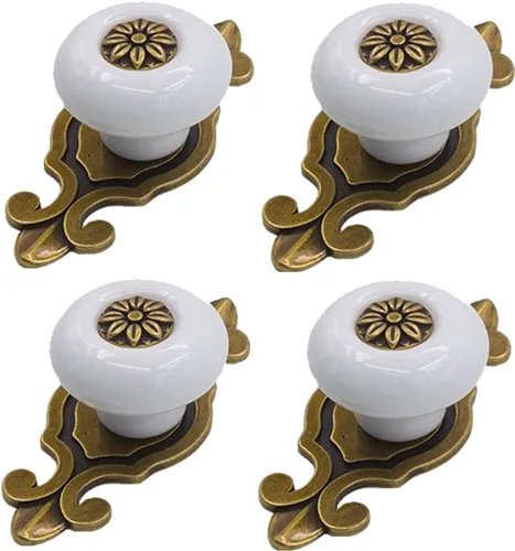 Vista 12 de Pomos de cerámica para gabinete, [4 unidades] Perillas vintage elegantes para cajones con placa trasera, manijas de gabinete