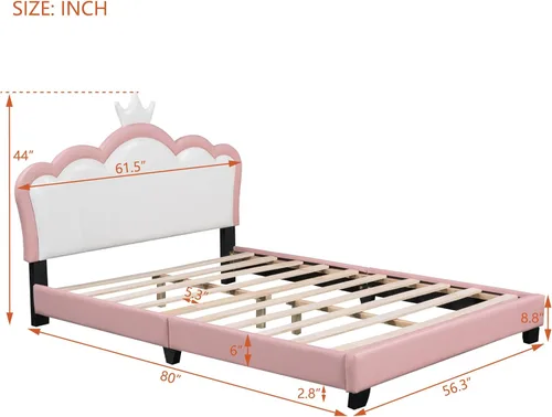 Vista 10 de Elegante cama de princesa tapizada de tamaño individual con cabecera corona, plataforma de piel sintética con soporte resistente de listones