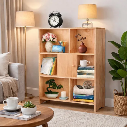 Vista 15 de Estantería de madera natural, estantería de 3 niveles, estantes de almacenamiento independientes, estantería abierta para dormitorio, sala de estar