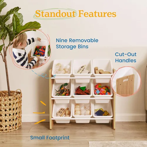 Vista 6 de ECR4Kids Organizador de 3 niveles con 9 cestas, para almacenamiento de juguetes, color natural oscuro/blanco