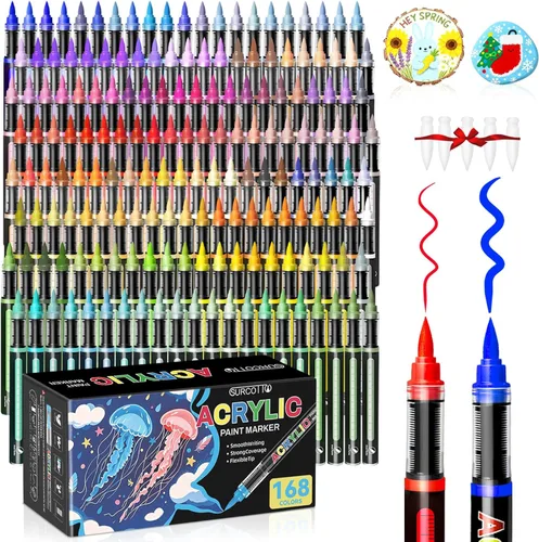 Surcotto Marcadores de pintura acrílica de 168 colores, marcador de pincel acrílico, bolígrafos y marcadores de punta de pincel suave, bolígrafos de