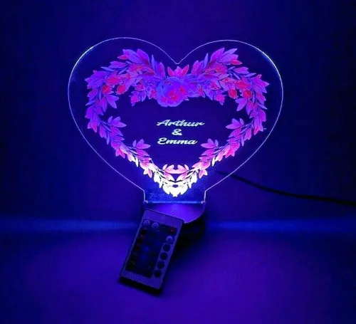 Vista 6 de MIRROR MANIA Heart with Flowers UV Printed Couples Night Light Up Table Lamp LED Personalized Free Engraved Names Dates Words Made to Order Custom