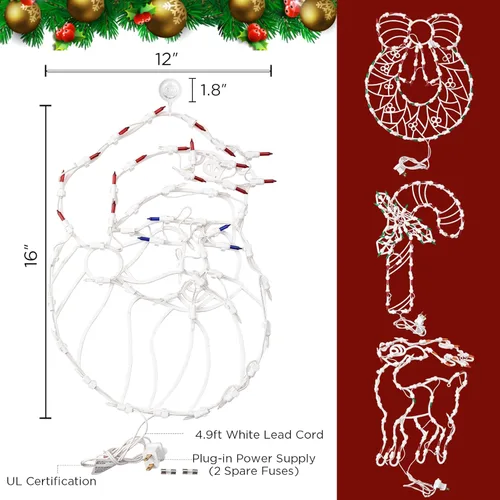 Vista 4 de Decoraciones Navideñas Iluminadas para Ventanas, Paquete de 4 Corona de Navidad Enchufable Reno Papá Noel y Bastón de Caramelo Silueta de Ventana