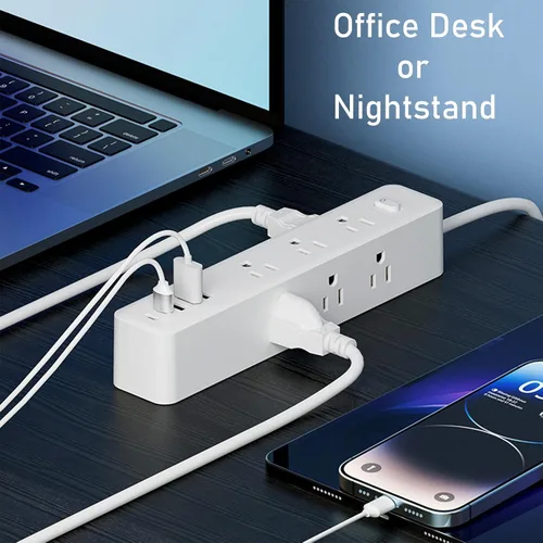 Vista 5 de Regleta protectora de sobretensiones, 9 tomas ampliamente espaciadas, 3 puertos USB A y 2 puertos USB C, cable de extensión largo de enchufe plano