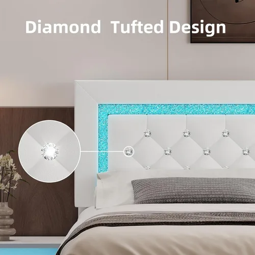 Vista 4 de Marco de cama matrimonial con luces LED, plataforma tapizada con cabecera capitonado tipo diamante, no necesita somier, sin ruido, fácil montaje