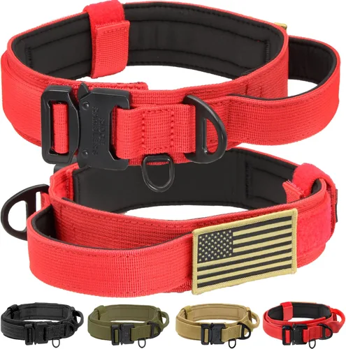 Collar táctico rojo avanzado para perro con asa - Hebilla de metal resistente y ligera, acolchado de neopreno suave - Collar militar para perros