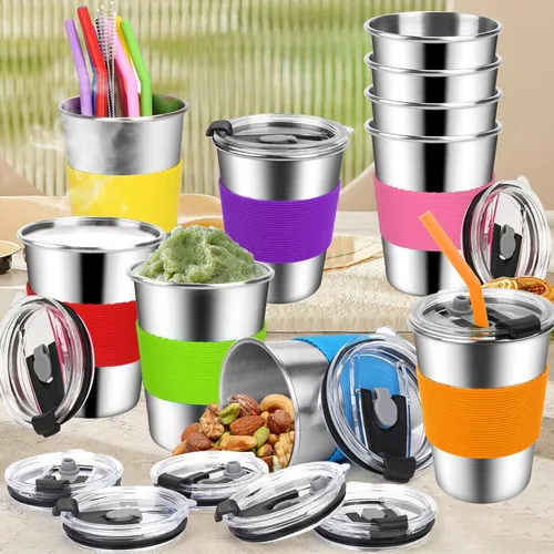 Vista 6 de ShineMe Vasos para niños pequeños con pajitas a prueba de derrames, vasos reutilizables de acero inoxidable de 12 onzas con pajillas, tapas y fundas