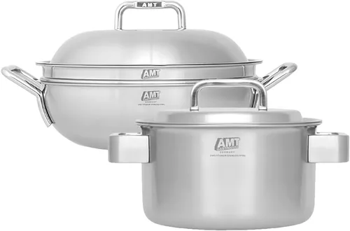 Dongwon Metal 316TI - Wok antiadherente de 5 capas de acero inoxidable con tapa de 11 pulgadas y olla de mano doble con tapa de 9.5 pulgadas para