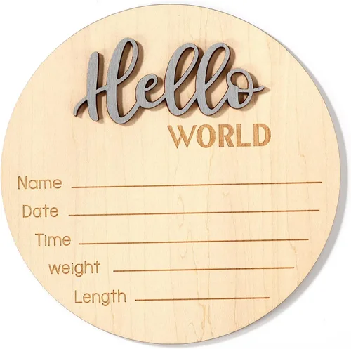 Vista 13 de NQEUEPN Letrero de anuncio para recién nacido, 5.9 pulgadas, de madera con texto en inglés «Hello World», letrero de bienvenida para bebés, placas